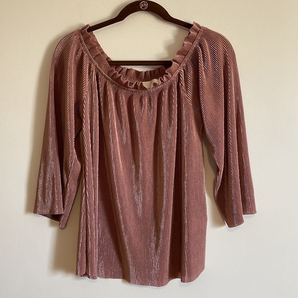 JOA Ribbed Elastic Top Large Loose Boxy Mid Sleeve Stretchy Shiny Pink Rose - Picture 1 of 12